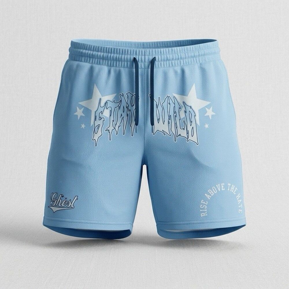 Ghost Stay Wild Graphic Mesh Shorts Mens L Light Blue Y2K Streetwear Drawstring
